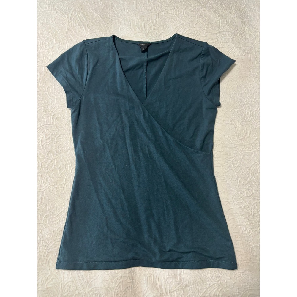 Ann Taylor Teal Green V-Neck Short Sleeve Wrap Top SP